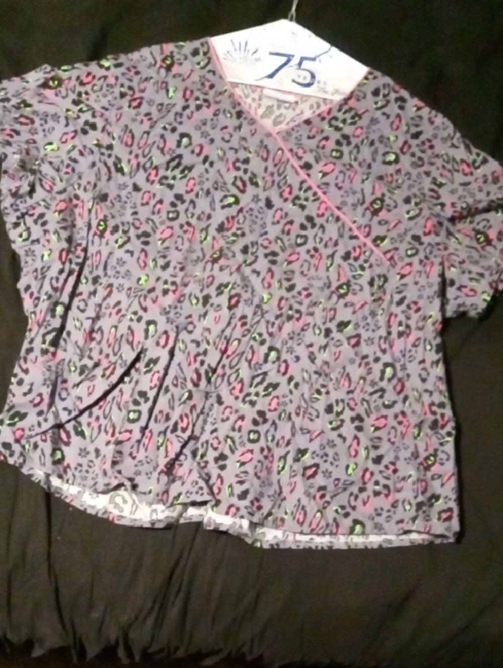 Scrubstar Gray Leopard Print Scrub Top with Pink and Neon Green Accents